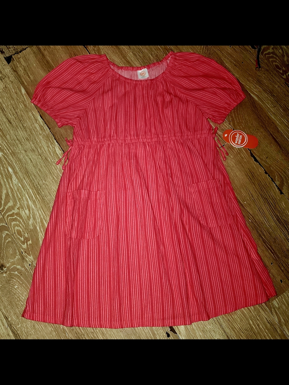 Womens Wonder Nation Red & Pink Striped Puff Sleeve Mini Dress W Pockets